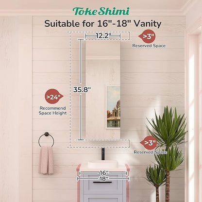TokeShimi 12 x 36 Farmhouse Medicine Cabinet Recessed or Surface Mount Aluminum, Mirror with Stepless Adjustable Storage, Silver Bathroom Mirror Medicine Cabinet Frameless Metal Modern