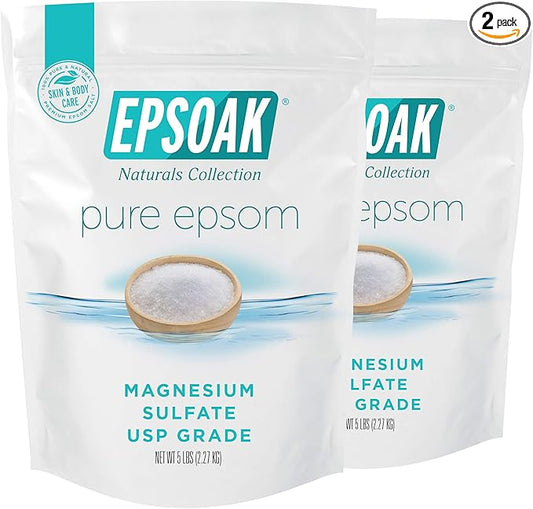 Epsoak Epsom Salt – 10 lb (Two 5 lb Resealable Bags), Magnesium Sulfate USP, Unscented, Made in USA, Perfect for Bath, Spa, and Soaking