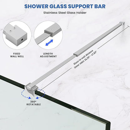 Shower Door Glass Support Bar, 26.96" to 48.54" Adjustable Stainless Steel Wall-to-Glass Shower Stabilizer Rod for 1/4", 5/16", 3/8", Chrome