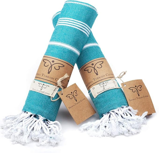 SMYRNA TURKISH COTTON Classical Series Turkish Hand Towels Set of 2, 18x30 inch, Decorative Turkish Hand Towels for Bathroom, Kitchen, Face, Hair, Tea, Yoga, Gym, Dishcloth Set of 2, Petrol