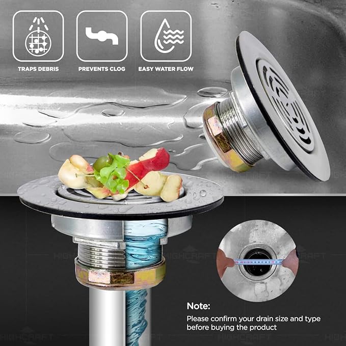 Highcraft 97I3 Flat Stainless Steel RV Mobile Shower Strainer - Drain Assembly for Kitchen or Laundry Sinks