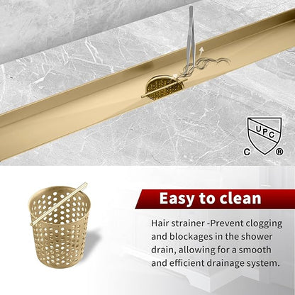 Sharp-tec Linear Shower Drain, 36 inch Shower Drain with Removable Pattern Cover, Brushed Gold 304 Stainless Steel Rectangle Floor Drain, Adjustable Feet and Hair Strainer Included (Model 101)