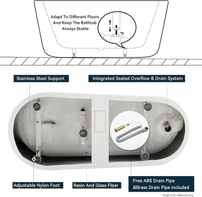 FerdY Langkawi 67" Acrylic Freestanding Bathtub, White Modern Stand Alone Soaking Bathtub, cUPC Certified, Polished White Drain and Minimalist Linear Design Overflow Included, Easy to Install, 02568T