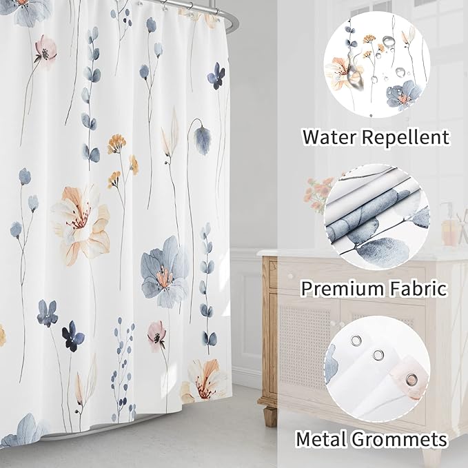 Gibelle Watercolor Floral Shower Curtain, Blue Beige Flower Shower Curtain for Bathroom, Modern Minimalist White Waterproof Fabric Shower Curtain Set 72x72 Inch