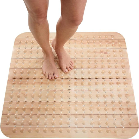 ENKOSI Extra Large Square Non Slip Shower Mat - 31 x 31-inch XL Bathroom Shower Mat - Square Shower Mats for Shower Stall Floors - Secure Suction Cups and Drain Holes (31x31 Wood Teak)