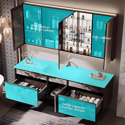 60IN Modern Bathroom Vanity with Sink - Bathroom Vanity with 2 Drawer Organizer, LED Mirror Lights & Defogging Function | Wall - Mounted Vanity with Multifunctional Storage Rack