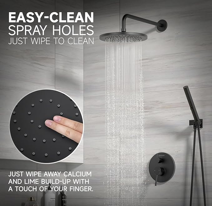 Lava Odoro Modern 3-Setting Round Rain Bathtub and Shower Faucet Set, Black Rainfall Shower Head and Handle Set, Rain Shower System with Tub Spout, Shower Valve Trim Kit, Matte Black, SF104-MB-T