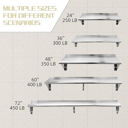 Hally Stainless Steel Shelf 14 x 60 Inches, 400 lb, Commercial Wall Mount Floating Shelving for Restaurant, Kitchen, Home and Hotel