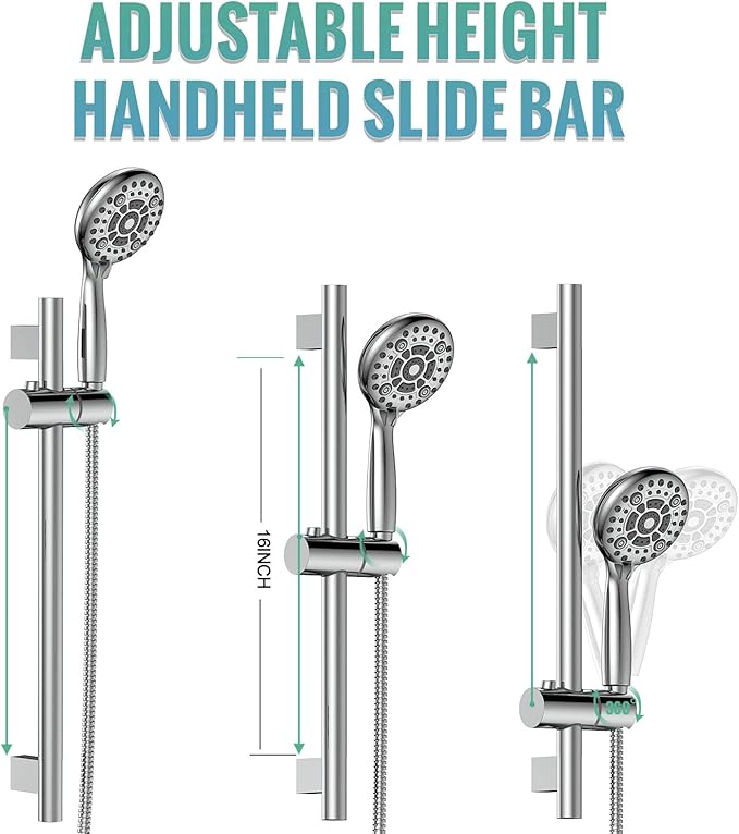 SR SUN RISE 12 Inch Shower System, Slide Bar Shower Faucets Sets Complete Round Shower Heads and 6-Spray Handheld Combo, Wall Mounted Dual Shower Set Included Valve and Trim Kit, Polished Chrome
