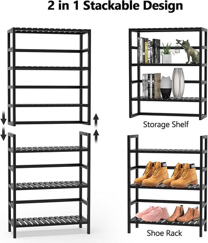 VASMIA 6-Tier Bamboo Shelf,Bamboo Storage Shelving Unit,Tall Bookcase with Adjustable Shelves,Multipurpose Storage Display Shelf for Bathroom, Living Room, Balcony, Kitchen,Black