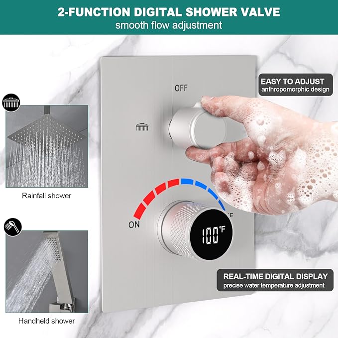 Temperature Display 2 Way Shower Valve Brass Rough-in and Rectangle Trim Kit, Dual Function Digital Shower Mixer Valve, Brushed Nickel