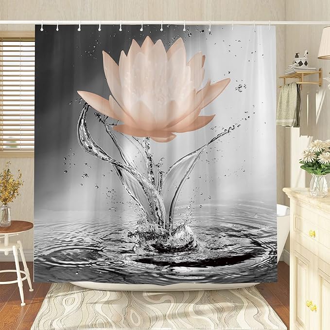 Lotus Shower Curtain Black White Grey Orange Flower Elegant Blooming Floral with Dew Spring Flower Reflection on Water Modern Romantic Polyester Fabric Bathroom Decor 70×84 Inch with Hook