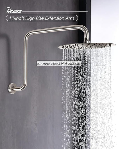PHASAT S Shaped Shower Arm, 16.65 Inches High Rise Shower Arm with Flange,Shower Head Extension Arm Replacement,Shower Arm Extension Brushed Nickel,PU9L02