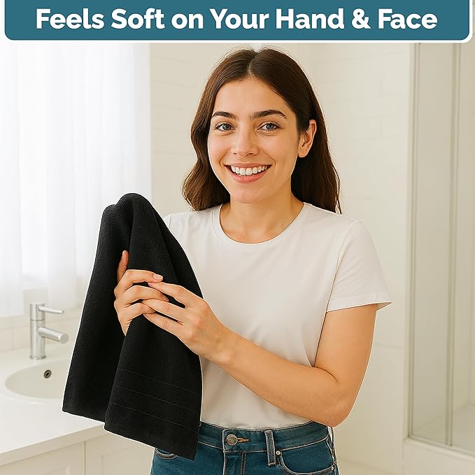 Casa Platino 6 Pack Hand Towels for Bathroom (16"x28") - Spa & Hotel Quality - 100% Cotton, Ring Spun - Quick Dry, Ultra Soft & Absorbent Black Hand Towels Set of 6 - Perfect for Everyday Use - Black