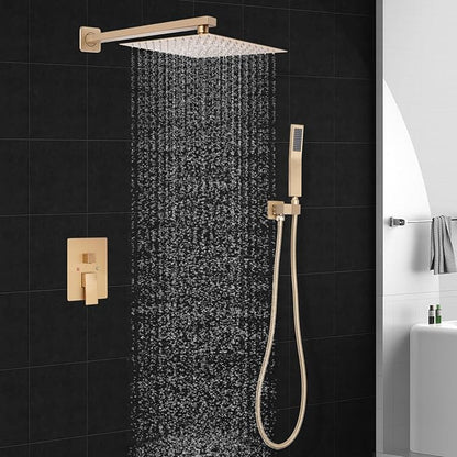 Brushed Gold Square Shower Head with Handheld Set, Rainfall Shower System Modern Wall Mounted Shower Faucet for Bathroom 10 inch (With Shower Valve)