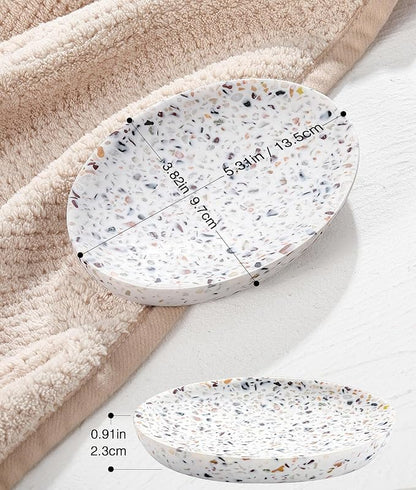 Luxspire Soap Dish, Resin Soap Tray Soap Holder Container Box, Oval Soap Plate Case, Non-Slip, Multi-Purpose Soap Holder, Bathroom & Kitchen Countertop, Terrazzo