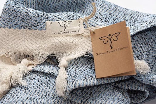 SMYRNA TURKISH COTTON Herringbone Series Turkish Hand Towels Set of 2, 16x40 inch, Decorative Turkish Hand Towels for Bathroom, Kitchen, Face, Hair, Tea, Yoga, Gym, Dishcloth Set of 2, Light Blue