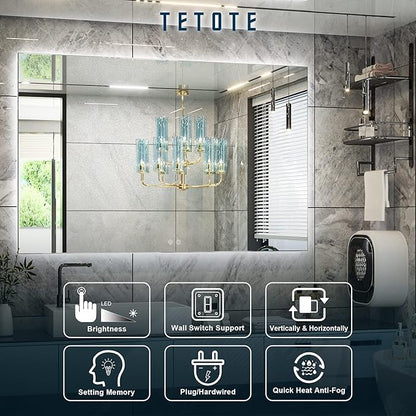 TETOTE 55 x 36 Inch LED Mirror Bathroom Backlit,Anti Fog,Dimmable,Vanity Lighted Mirror,(Horizontal/Vertical)