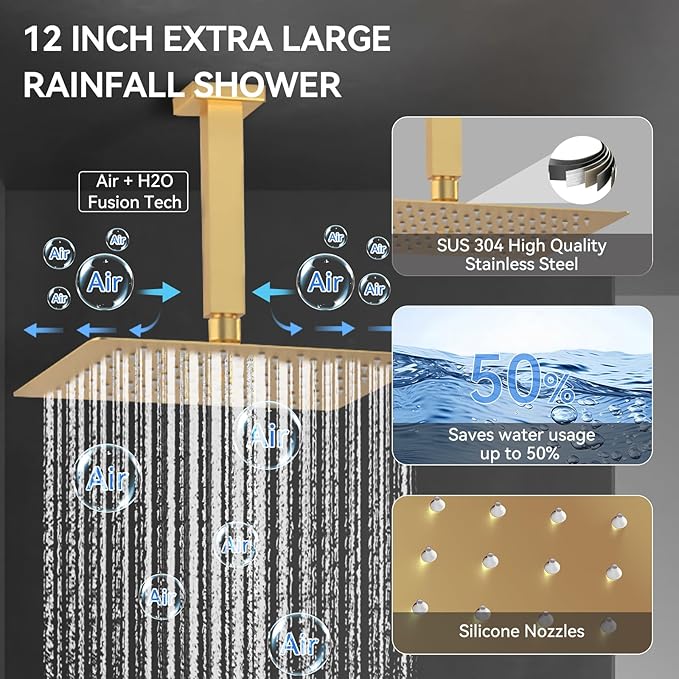 Brushed Gold Shower System with Body Jets, Bostingner 4 Way Shower Faucet Set with 2 in1 Handheld,Ceiling Mount 12 Inch Shower Head with 6 Inch Shower Head,4Pcs Body Jets With Dual Head Shower Set