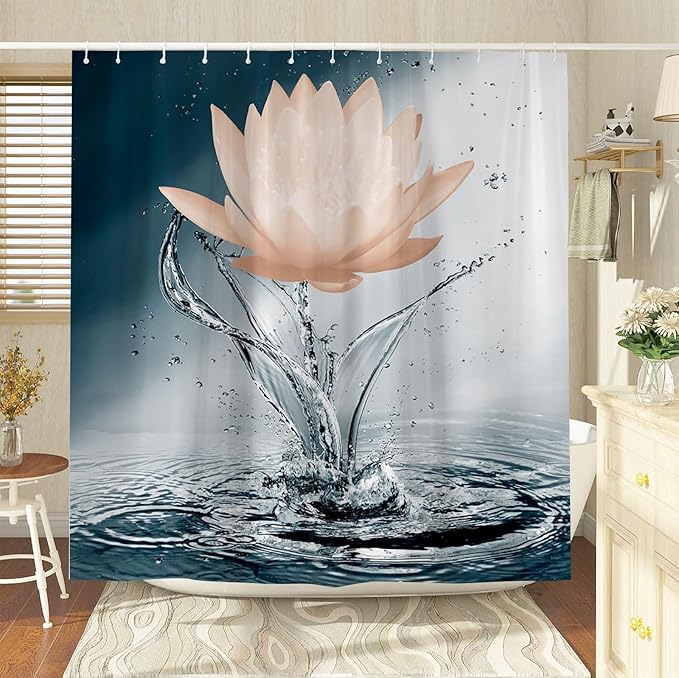 Lotus Shower Curtain Black White Blue Orange Flower Elegant Blooming Floral with Dew Spring Flower Reflection on Water Modern Romantic Polyester Fabric Bathroom Decor 70×70 Inch with Hook