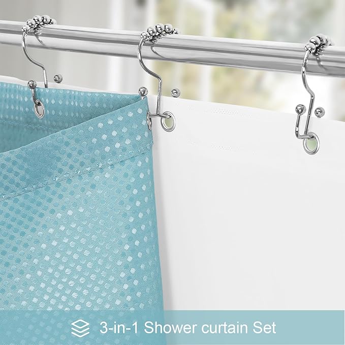 3 in 1 Shower Curtain Set, Teal Blue Waffle Shower Curtain and PEVA Liner Set with 12 Stainless Steel Shower Curtain Hooks, Waterproof Fabric Shower Curtains for Bathroom, 72 W x 72 H