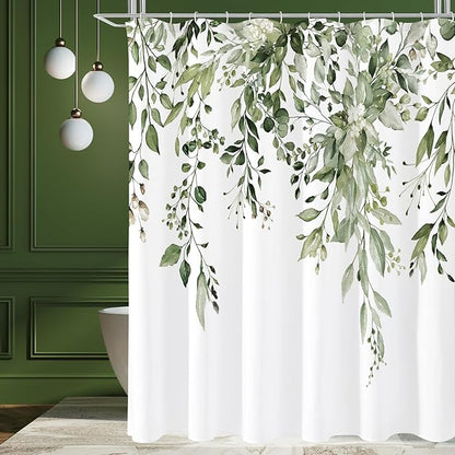 Gibelle Extra Long Shower Curtain 72 x 84, Tall Olive Green Floral Shower Curtain for Bathroom, Watercolor Plant Eucalyptus Leaves Fabric Shower Curtain Set