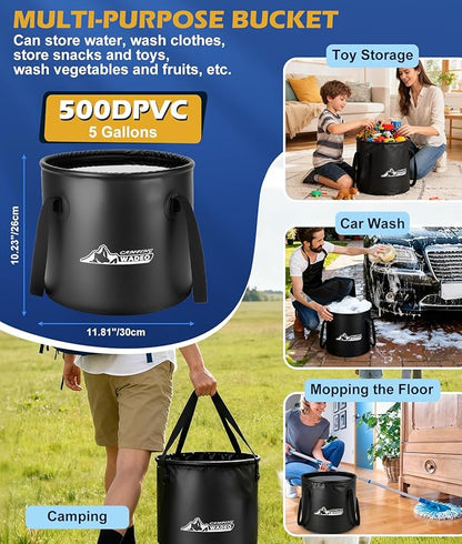 Upgraded Portable Shower for Camping, Rechargeable Camping Shower with LED Display, 5 Gal Collapsible Bucket, 5 Adjustable Speeds, IPX8 Waterproof Portable Shower Kit for Hiking, Car, Pet, Travel