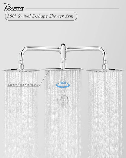 PHASAT 16 Inches Shower Arm Extension,S shaped Shower Arm with Flange,304 Stainless Steel High Rise Shower Head Arm Chrome,PU9D01-M