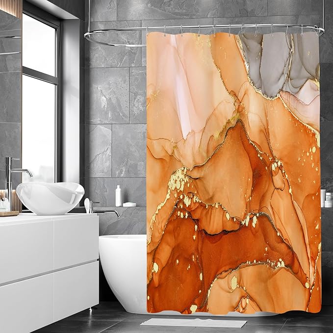 Long Shower Curtain 72 x 78 Inch, Tall Abstract Marble Shower Curtains for Bathroom Decor, Modern Luxury Art Decor Ink Texture Fabric Shower Curtain Set with Hooks, Orange