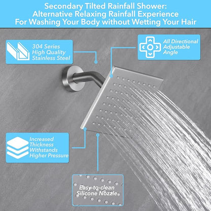 VANFOXLE Shower Faucet Set Brushed Nickel Shower System,Push Button Diverter Shower Faucet with 2 in 1 Handheld,Ceiling Mount Increased Thickness 12 Inch Shower Head with 6 Inch Wall Mount Shower Head