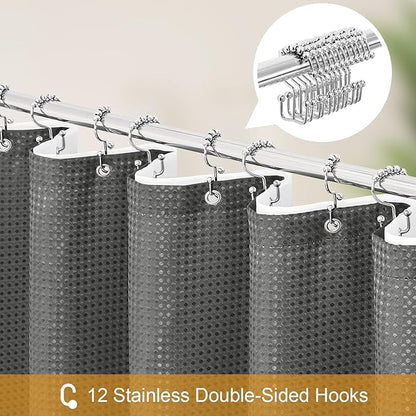 3 in 1 Extra Long Charcoal Grey Shower Curtain Set-72 W x 84 H, Modern Waffle and PEVA Liner Set with 12 Stainless Steel Hooks, Waterproof Fabric for Bathroom