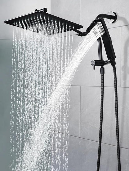 G-Promise All Metal 12 Inches Rain Shower Head with Handheld Built-in Power Wash Mode, 3-way Diverter with Pause Setting, 11 Inches Adjustable Extension Arm with Lock Joint, Long Hose (Matte Black)