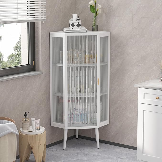 Corner Storage Cabinet with Glass Door, 31" & 43" Freestanding Triangle Floor Cabinet Modern Display Organizer Medicine Cabinets for Bathroom Living Room Bedroom (White, 43')