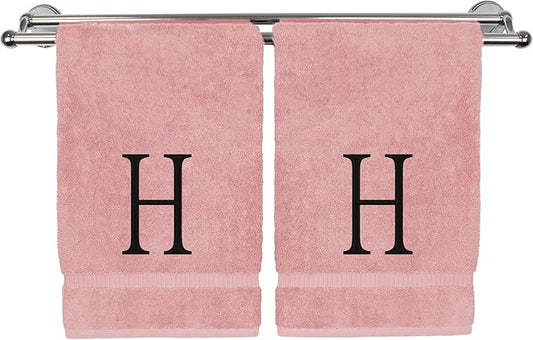 Monogrammed Hand Towel, Personalized Initial Gift, Extra Absorbent 100% Turkish Cotton - Soft Terry Finish - Set of 2 - Black Block Initial H - Embroidered on Pink Towels