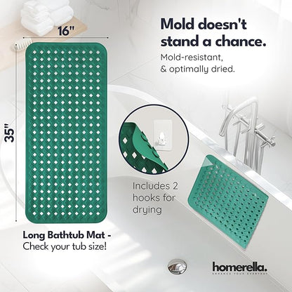 homerella® Bathtub Mat Non Slip 35x16, Incl. Hooks for Drying, Extra Long, 100% BPA Free, Shower Mat Non Slip Anti Mold, Machine Washable, Shower Mats for Inside Shower Mildew Resistant