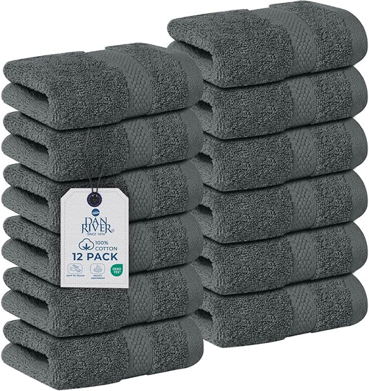 DAN RIVER 12-Pack Premium 100% Cotton Gray Face Towels – Reusable Face Towel Set, Soft & Absorbent Cotton Cloths for Bathroom & Body – Hand and Face Towels, 550 GSM (12x12 in)