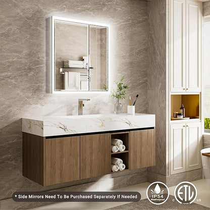 30x32 Beveled Lighted Medicine Cabinet with Mirror & Lights, Surface or Recessed Mirrored Medicine Cabinet with Outlet & Clock, Anti-Fog Dimmable LED Storage Cabinet, Built-in Sensor Light