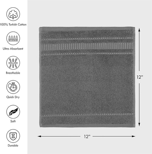 Melissa Linen, 4 Piece Washcloth, 100% Turkish Cotton Towel Set for Bath and Kitchen, 12 in x 12 in, Absorbent, Quick Dry, Durable and Soft, Wash Rags, Dark Gray