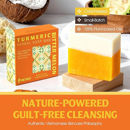 Turmeric & Bitter Melon Soap Bar (Pack of 3) – 2-in-1 Cleansing & Balancing, Cold Process Handmade Bar with Natural Botanicals, Gentle Soap for Oily Skin