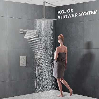 KOJOX Brushed Nickel Thermostatic Shower System, Push Button Diverter Shower Faucet Set with 12" Ceiling Mount Rain Shower, 6" Wall Mount Shower Head, and 4-in-1 Handheld Spray