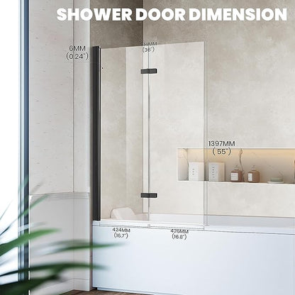 Bathtub Folding Shower Glass Door, 36" W*55" H Pivot H-Type Frameless Tub Shower Door, Clear Tempered Glass Shower Screen Panel for Bathroom, Matte Black