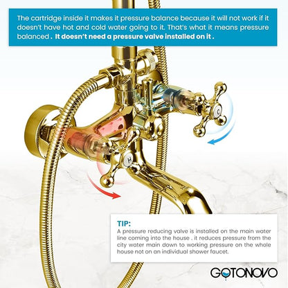 gotonovo Exposed Bathroom Shower System Classic Shower Kit 8 Inch Luxurious Rainfall Shower Head Handheld Spray Tub Filler Brass Pipe 3-Function Wall Mount Double Cross Knobs Polished Gold