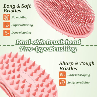 Soft Silicone Body Scrubber 2PCS, Dual-Side Silicone Loofah for Shower, Gentle Loofa Alternative, Replaceable Brush Head to be Used Alone or with Long Handle (Pinkx2)