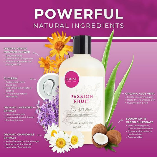 DANI Naturals Moisturizing Body Wash - Sweet Passion Fruit Scent with Organic Aloe Vera & Natural Glycerin - Sulfate & Paraben-Free Shower Gel - 12 oz - Vegan & Cruelty-Free