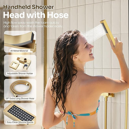 Gold Shower Faucet Set, Brushed Gold Shower System, 10'' Ceiling Shower Head and 6'' Wall Mounted ShowerHead, Dual Gold Shower Head with Handheld Combo, 3 In 1 Push Button Shower Diverter Valve