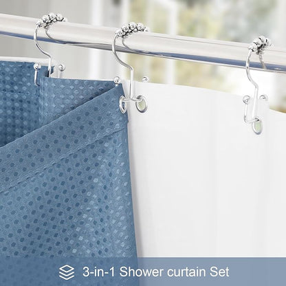 3 in 1 Extra Long Moonlight Blue Shower Curtain Set-72 W x 84 H, Modern Waffle and PEVA Liner Set with 12 Stainless Steel Hooks, Waterproof Fabric for Bathroom
