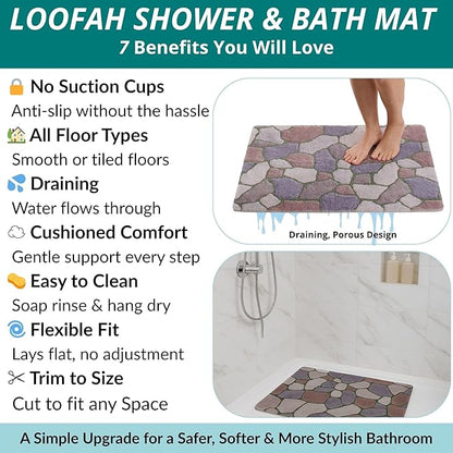 Enkosi Loofah Non-Slip Shower Mat - Shower Floors, Bathtub, Bathrooms, Wet Areas - Cushioned Bath Mat with Drain Holes - Quick Dry PVC, Secure Safety Pad Without Suction Cups (32x24 Stone Path)