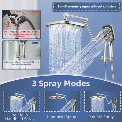 12" High Pressure Rain/Rainfall Shower Heads With Handheld Spray Combo (3+1 Settings & Built-in Power Wash Mode), Double/Dual Shower Head With Handheld - Height/Angle Adjustable(Brushed Nickel)