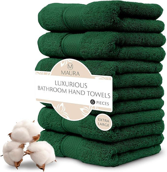MAURA Hunter Green Hand Towels for Bathroom. Luxury Turkish Cotton Bath Hand Towels Set of 6. Ultra-Soft, Thick & Plush - Dark Green