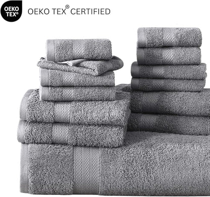Lane Linen Complete 24 PCs Bath Towel Set For Family - 100% Ring Spun Cotton - Quick Dry, Soft & Absorbent Towels For Bathroom - Perfect for Kids, Guest & Everyday Use - Oeko Tex Certified -Space Grey
